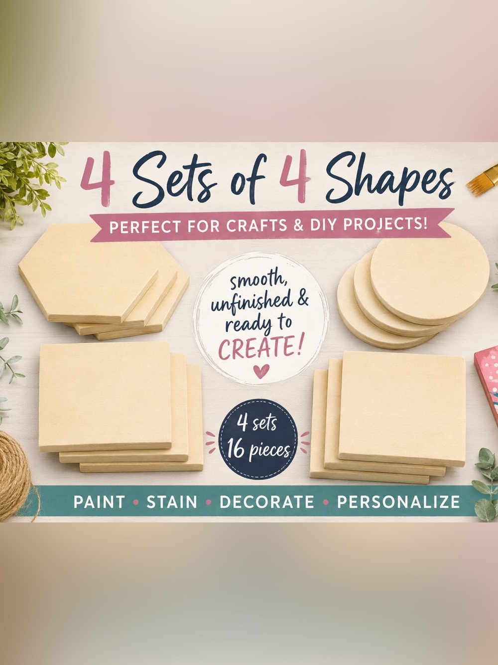 4 Sets of 4 Unfinished Wood Craft Shapes | 16 Pieces | 5/8” Thick DIY Blanks